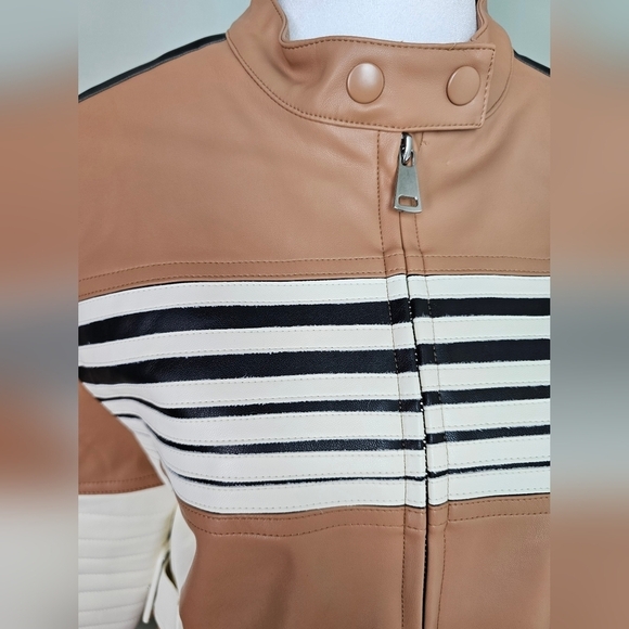 Vegan Leather Striped Color-block Moto Jacket Brown White MEDIUM - Picture 11 of 14